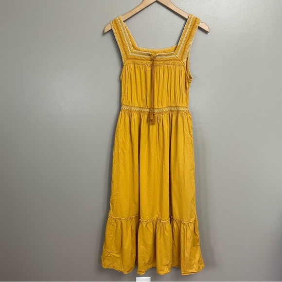 Old Navy women’s XS sleeveless tiered maxi dress yellow mustard boho pockets - Picture 2 of 12